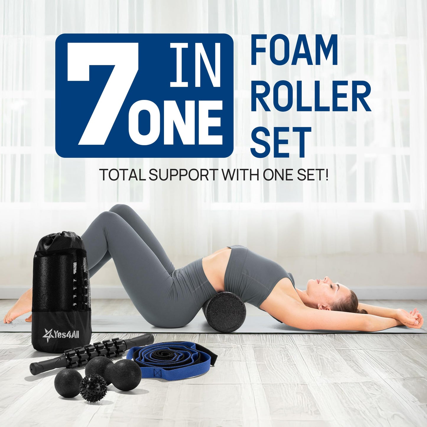 Yes4All Foam Muscle Roller Set, 7-in-1 High-Density Set of Back Roller, Fascia Massage Tool, Stretch Strap, Spiky, Peanut & Smooth Massage Balls, Carry Bag - Ideal for Muscle Care & Relaxation
