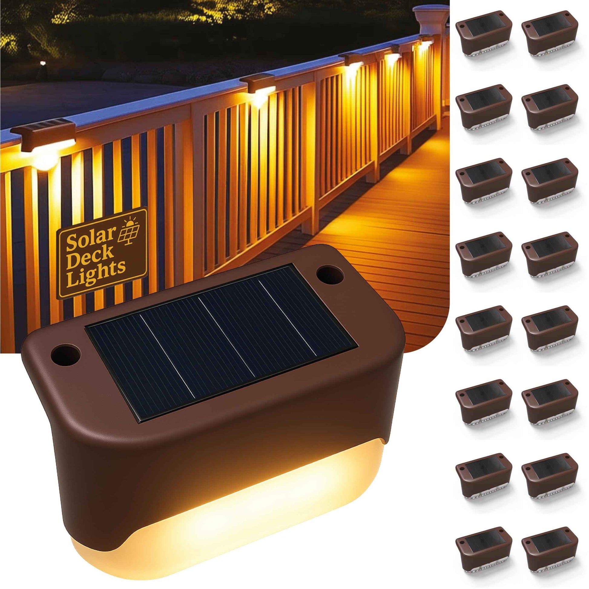 Solar Deck Lights Outdoor 16 Pack, Peel And Stick Deck Railing Lights, Long-lasting & Durable Waterproof For Outdoor Stairs, Step, Fence, Yard, Balcony, Patio, Railing, Garden & Pathway, (Warm White)