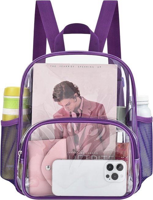 Busiuw Clear Backpack - Stadium-Approved Design with Front Pocket | 12"x12"x6" | Purple Color