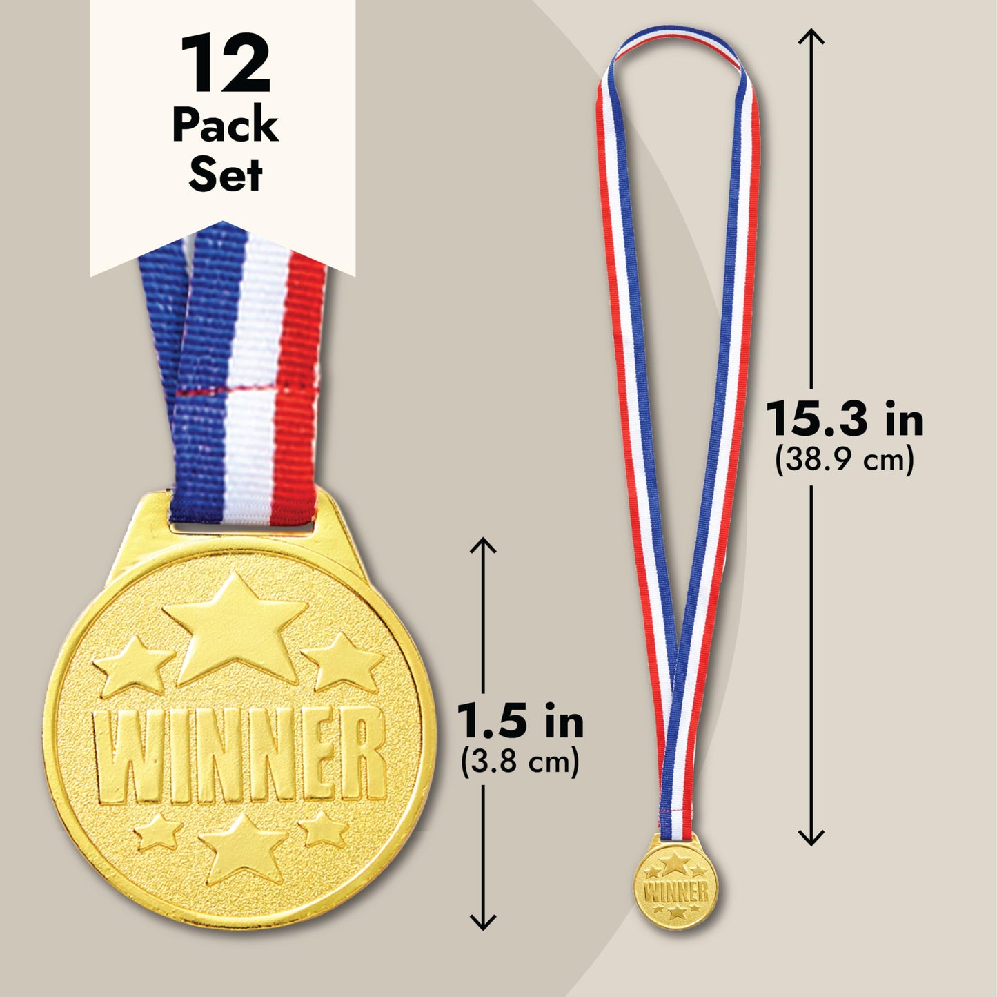Juvale Medals for Awards & Trophies - Award Ribbons & Prizes for Adults - 12 Pack, 1.5-Inch Gold Olympic Style with Red, White & Blue Neck Ribbons - Participation & Winner Medals for Kids