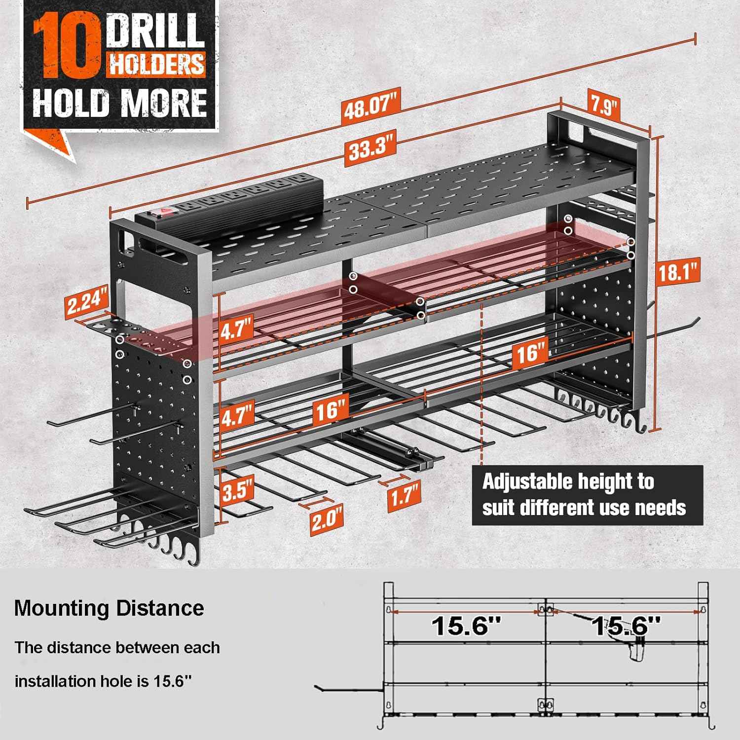 Heavy Duty Wall Mount Power Tool Organizer with Charging Station & 10 Drill Holders