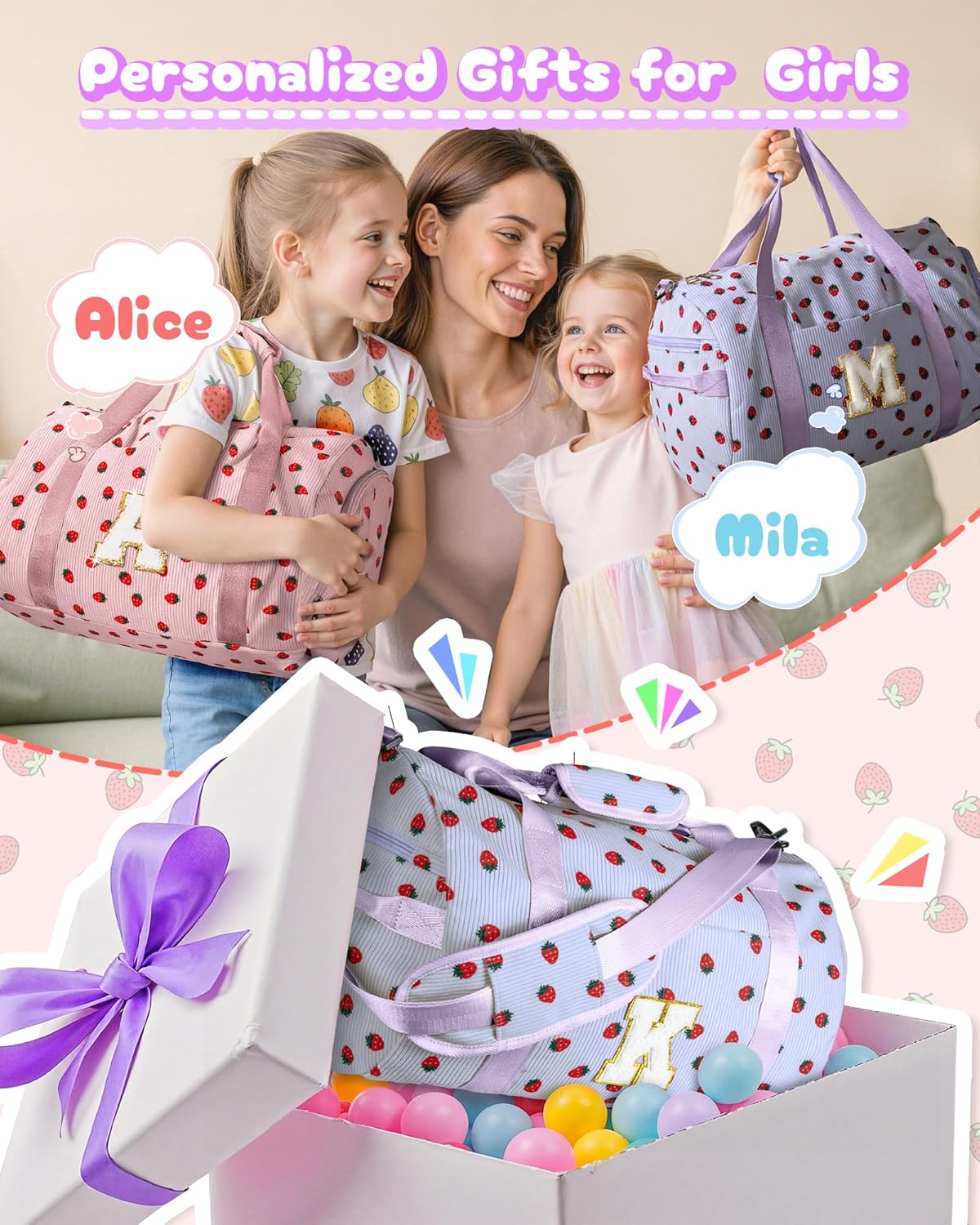 Skiennix Girls Gym Bag - Personalized Overnight Duffle with Shoe Compartment & Makeup Bag | Holiday Gift Set (Letter A)