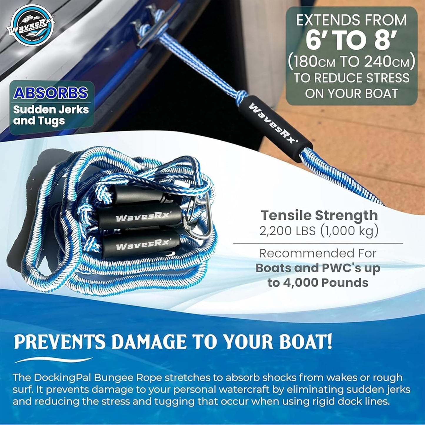 WAVESRX DockingPal - Premium Bungee Dock Line for Boats & PWC | Elastic Mooring Rope Absorbs Shocks & Prevents Damage