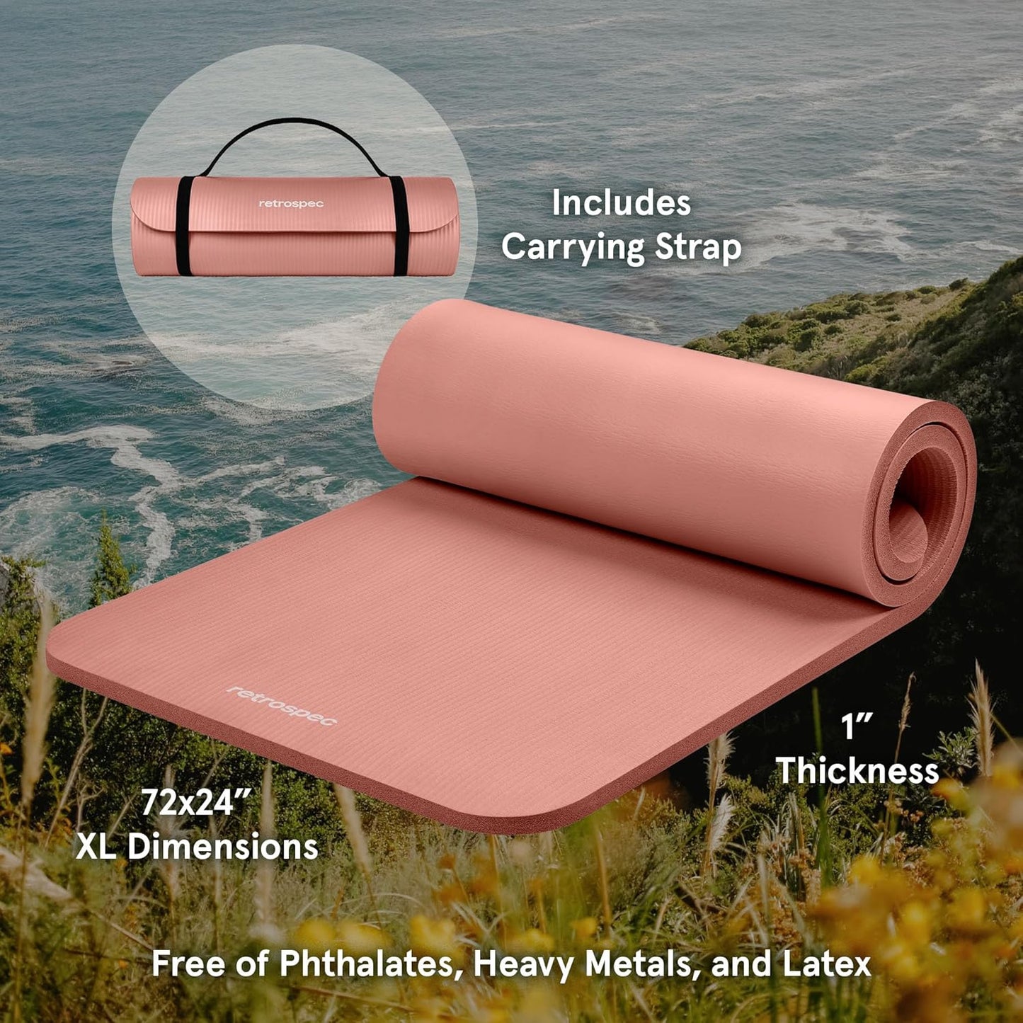 Retrospec Solana Yoga Mat - 1" Thick Non-Slip Exercise Mat with Nylon Strap for Home Workouts