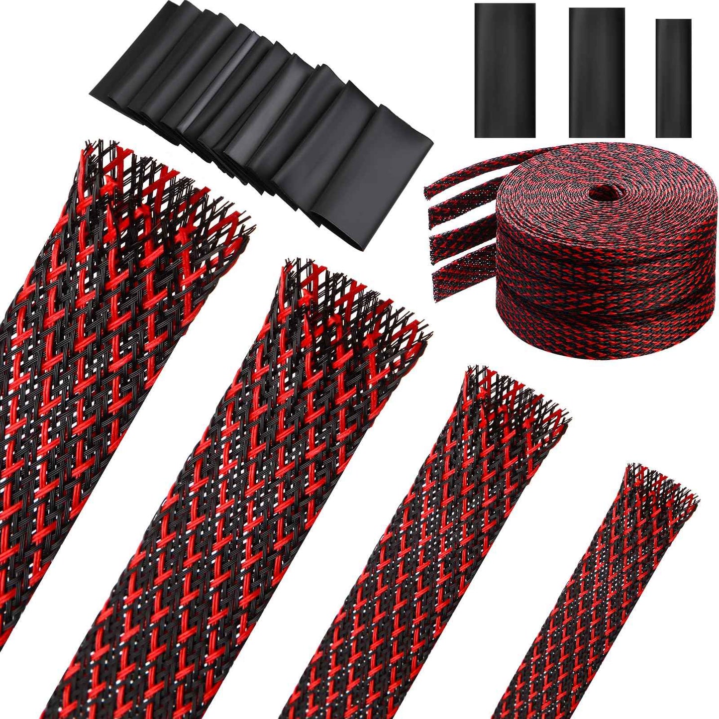 Tatuo 65.6 ft Expandable Braided Cable Sleeve Multi Size Braided Wire Sleeve with 120 Pcs Heat Shrink Tubing for Television Audio Computer Cables Video Pets,1/4 in,2/5 in,1/2 in,3/4 in(Red, Black)