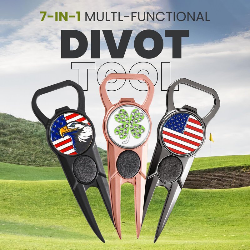 Amy Sport Premium Golf Divot Repair Tool Ball Markers with Belt Clip Value 3 Pack, 7-in-1 Tools Leather Grip Club Holder, Bottle Opener, Club Groove Cleaner, Putting Alignment Guide (Dark Gray-3 Pack)