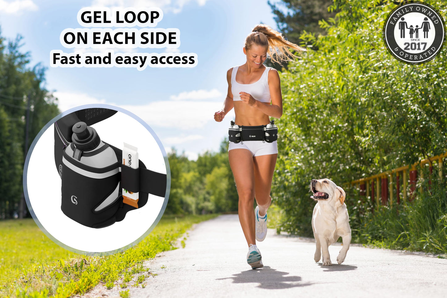 Q-RUN Hydration Running Belt with Bottles - Water Belts for Woman and Men - iPhone Belt for Any Phone Size - Fuel Marathon Waist Pouch for Runners - Jogging Cycling Biking, Black