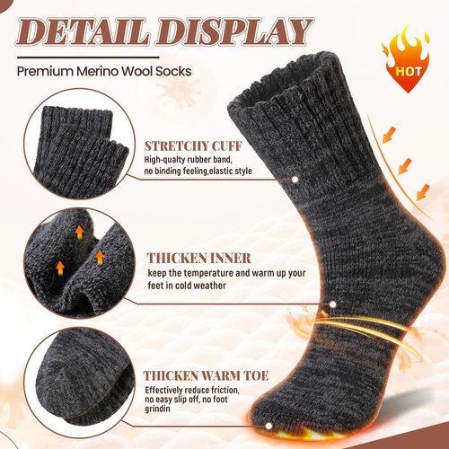 AMENLAN Merino Wool Boot Socks Thermal Winter Ski Thick Warm Hiking Socks for Women Men 3 Pairs (Grey,Medium)