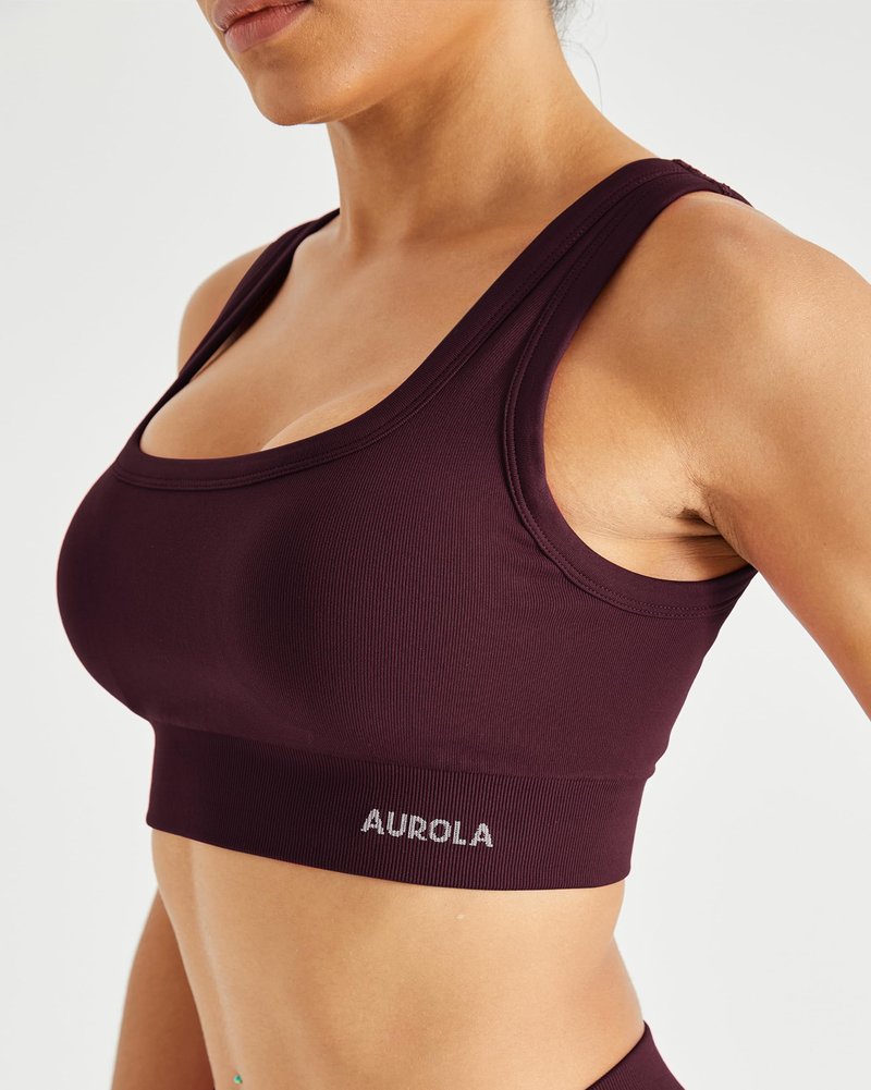 AUROLA Power Sports Bras for Women - Push Up Workout Bra Square Neck Yoga Padded Low Impact Gym Bra Crop Top,Black Cherry,M