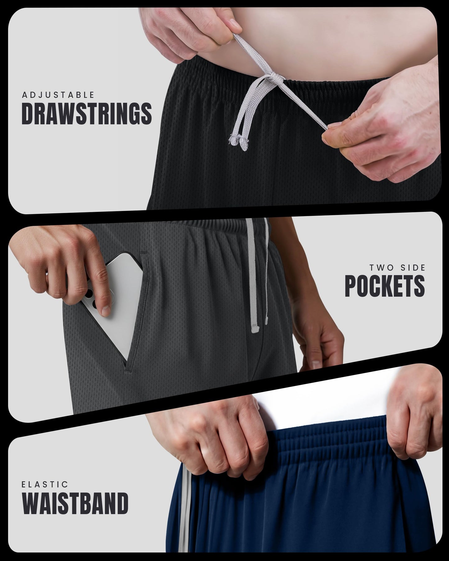 NY Threads Quick Dry Knit Men's Athletic Shorts Loose-Fit Running Gym Shorts for Men, Medium, Black/Navy/Dark Grey