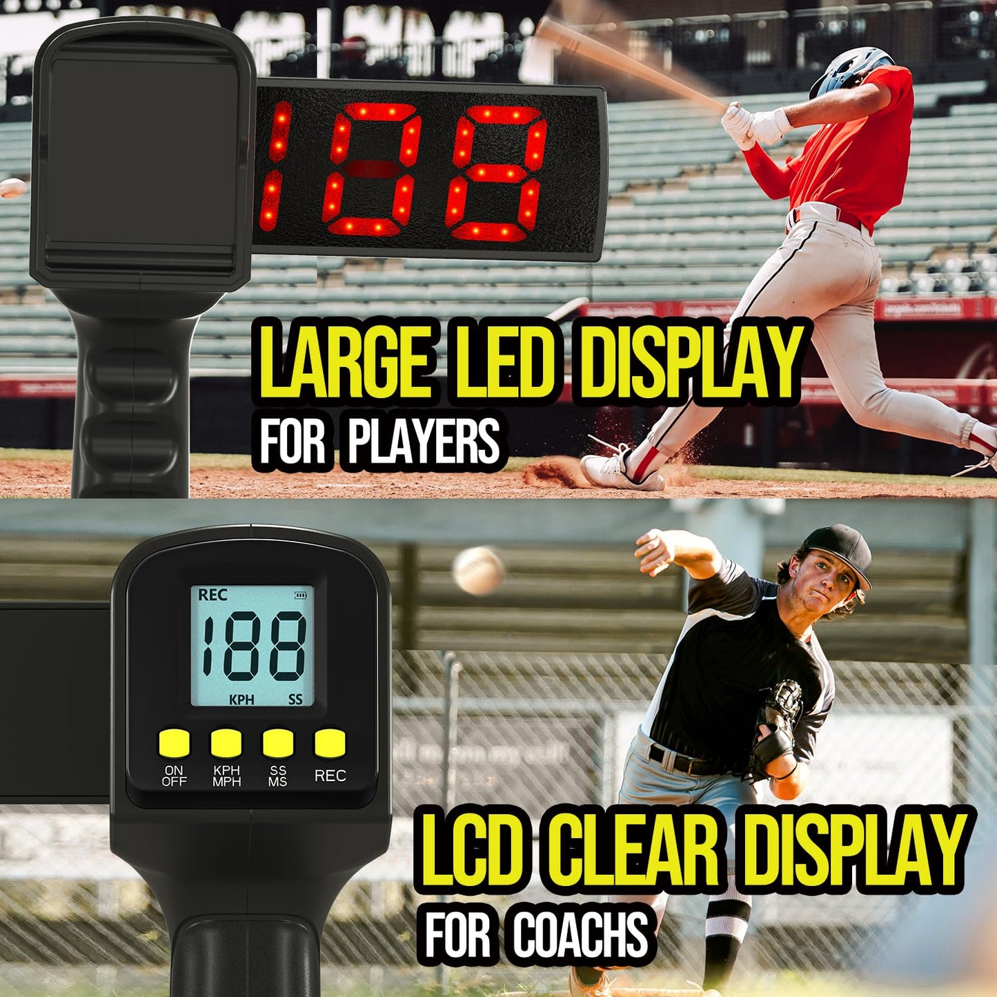 WEEPALM Baseball Radar Gun - Accurate Speed Sensors Baseball Speed Training Equipment with LED+LCD Dual Display,Handheld or Hand Free Speed Radar Gun for All Baseball Players| with Tripod