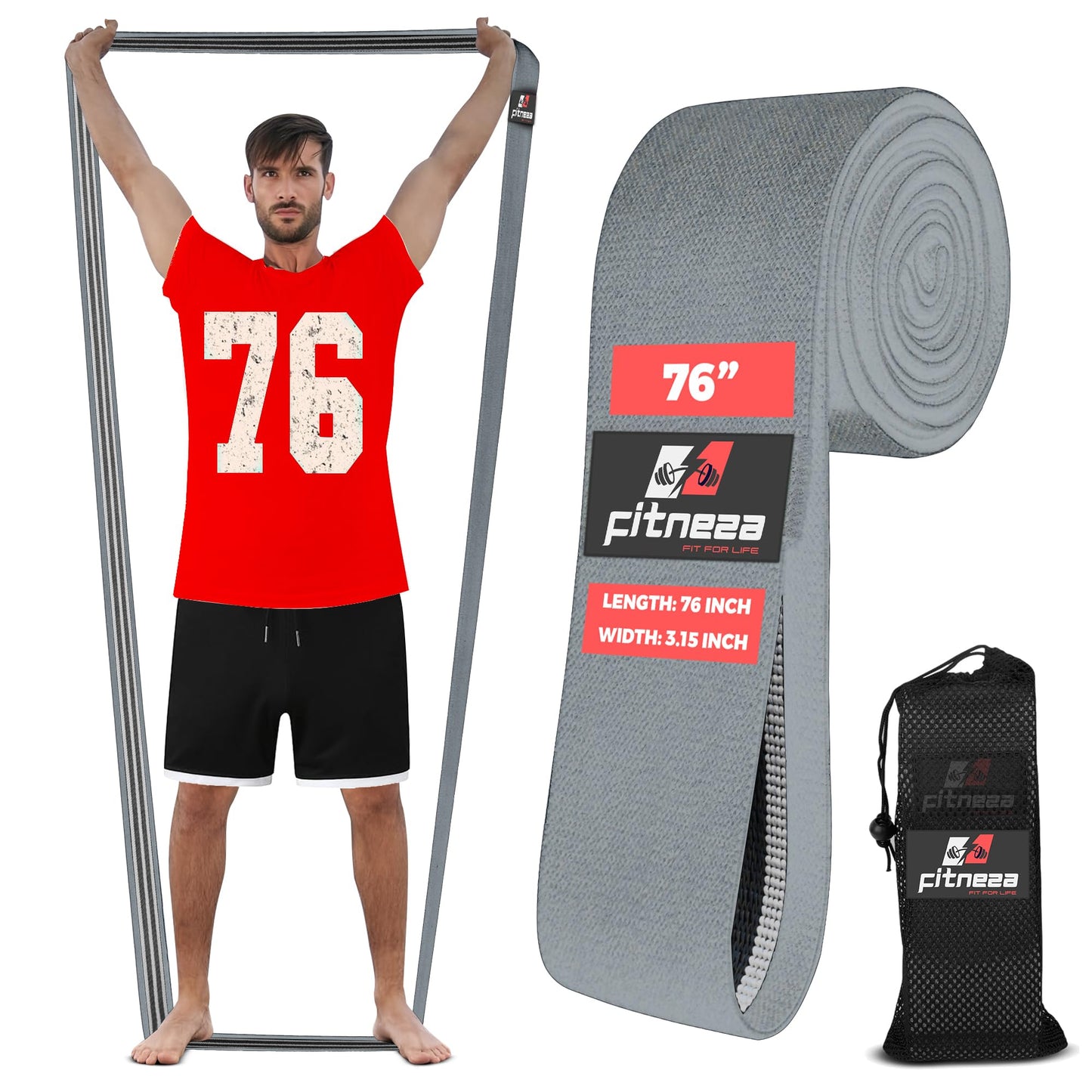 FITNEZA 76" Inch Premium Extended Length Fabric Resistance Bands for Working Out – 3" Wide Non-Slip Extra Long – No Pinching & Snapping – Exercise Workout Fitness Stretch Band for Pilates (Gray)
