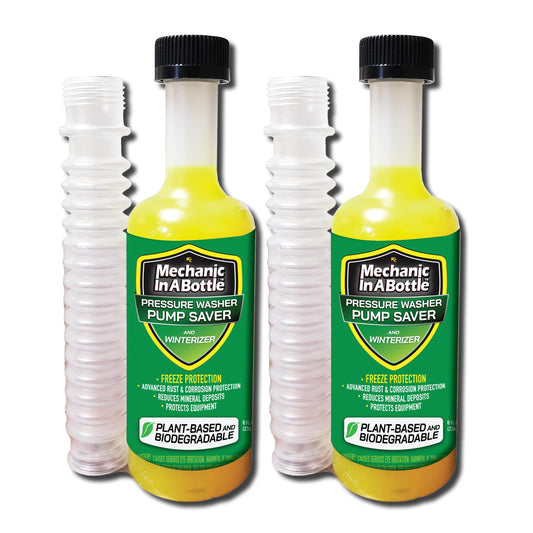 Mechanic in a Bottle Pressure Washer Pump Saver and Winterizer. Advanced Rust & Corrosion Protection, Reduces Mineral Deposits, Protects Equipment. 8 oz with Flexible Pour Hose - 2 Pack.