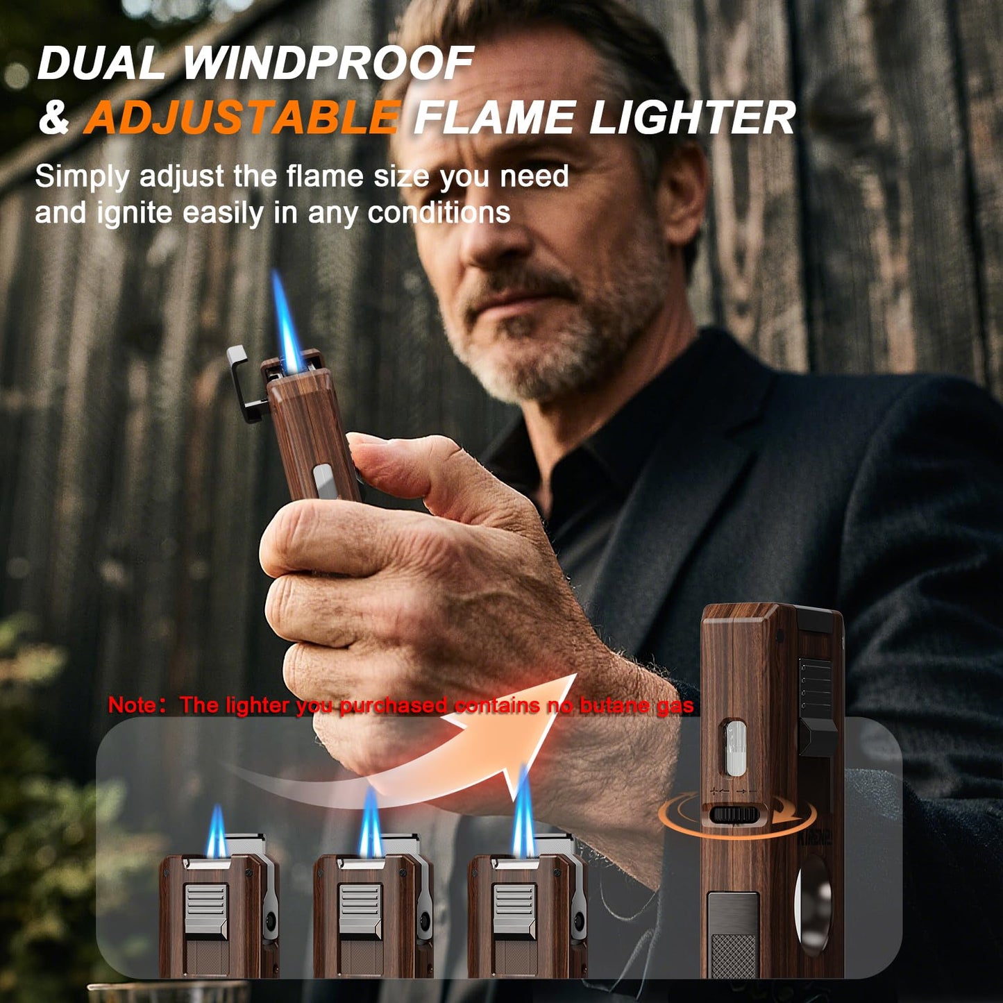 5-in-1 Multi-Torch Lighter with Dual Jet Flames, Auto-Pop Straight & V-Shape Shear, Punch, Holder, with Gift Box for Men, Refillable Butane Cool Lighters for Candle, Camping, Travel