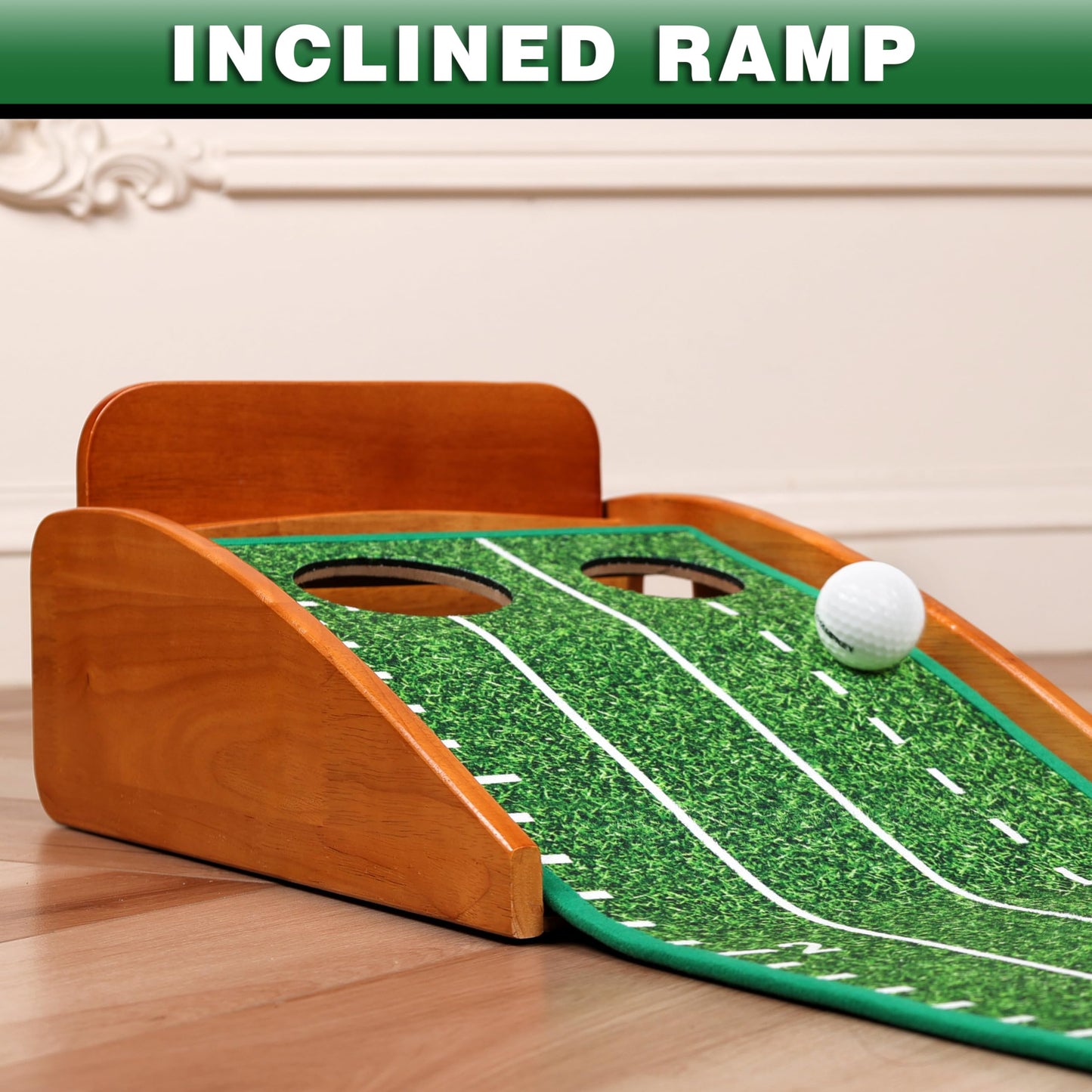 CHAMPKEY Premium Golf Putting Green Indoor with 3 Golf Putting Gates - Improves Putting Accuracy and Skill Levels Golf Putting Mat - Ideal for Indoor and Outdoor Training(Dual Hole - Wooden)