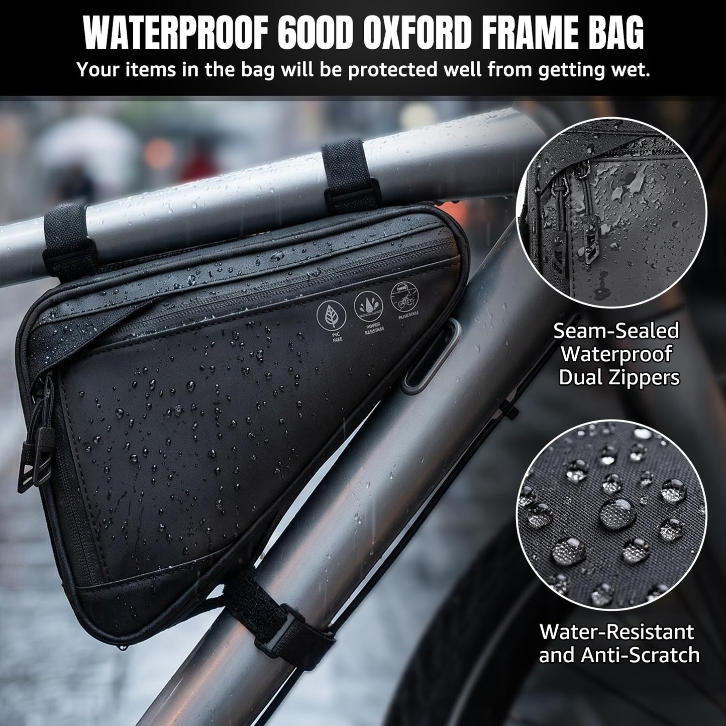 WOTOW Bike Frame Storage Bag, Water Resistant Reflective Bicycle Triangle Bag with Two Side Pockets, Strap-On Under Seat Tool Accessories Pouch for Mountain Road Bike Trip (2L)