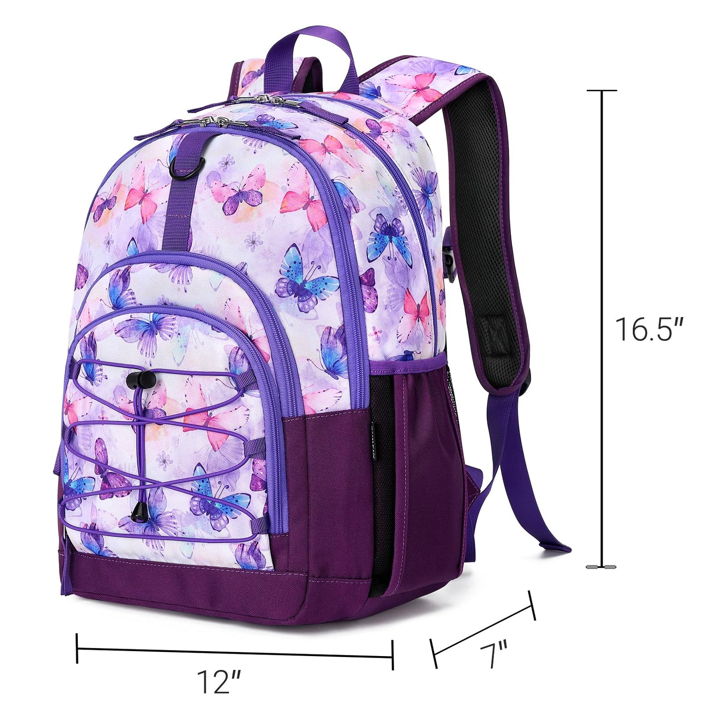 ZORFIN Backpack for School, Travel: Bookbag for Girls Boys - Kids Backpack with Multi Compartments - Butterfly Purple