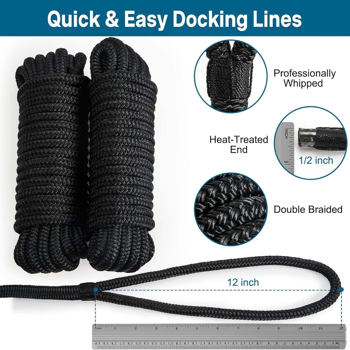 Premium Marine-Grade Dock Lines by [Brand Name] | 4 Pack 1/2" x 15’ Double Braided Nylon with 12" Eyelet - Black