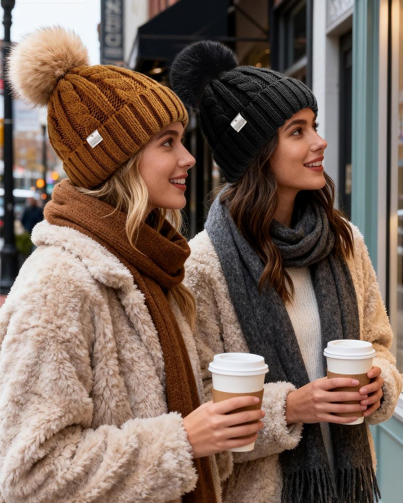 YANIBEST Winter Hats for Women Satin Lined Knitted Beanie Hat Warm Soft Ski Cuff Cap with Pom Pom Khaki