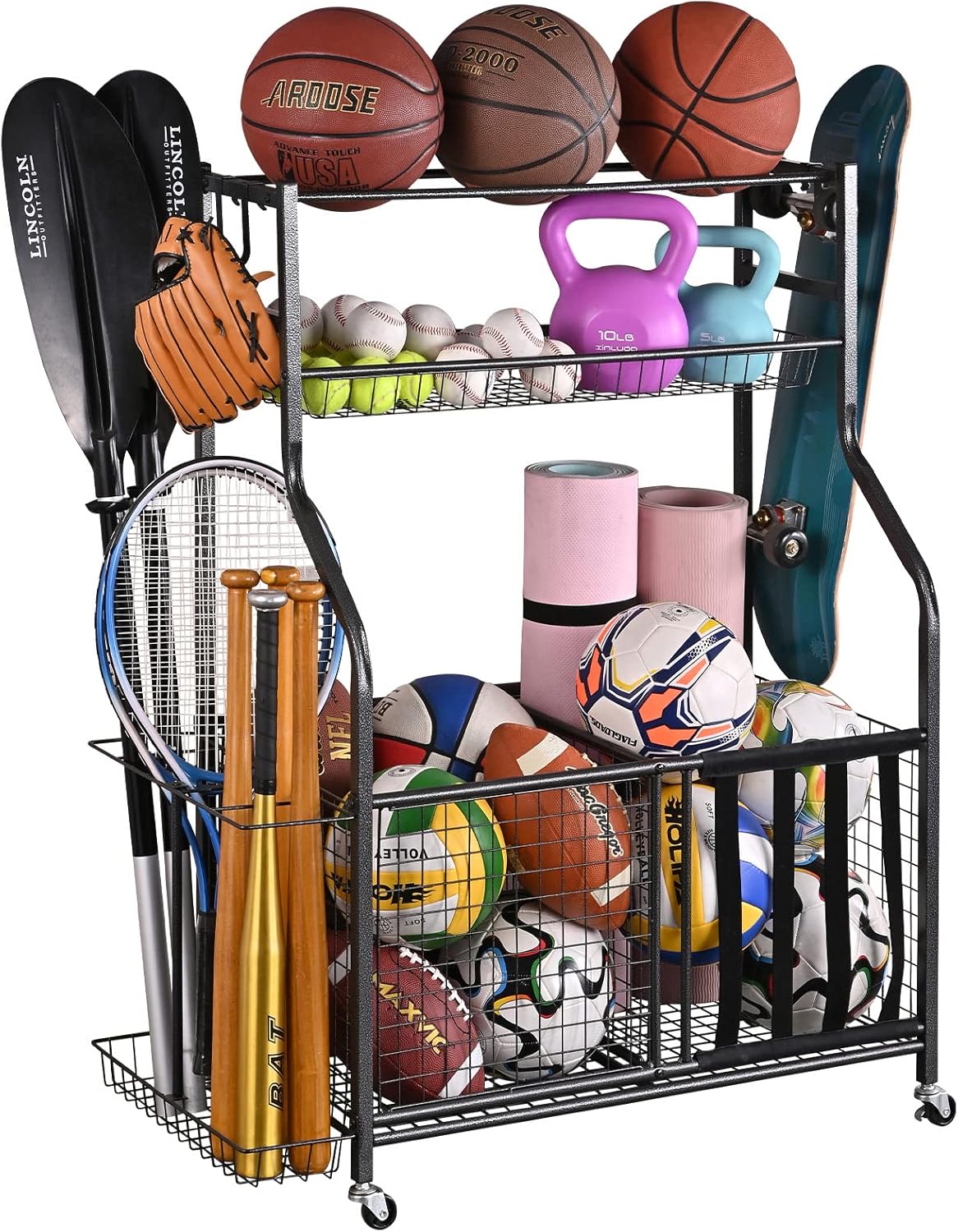 Mythinglogic Garage Sports Equipment Organizer - Large Capacity Ball Storage with Hooks & Baskets