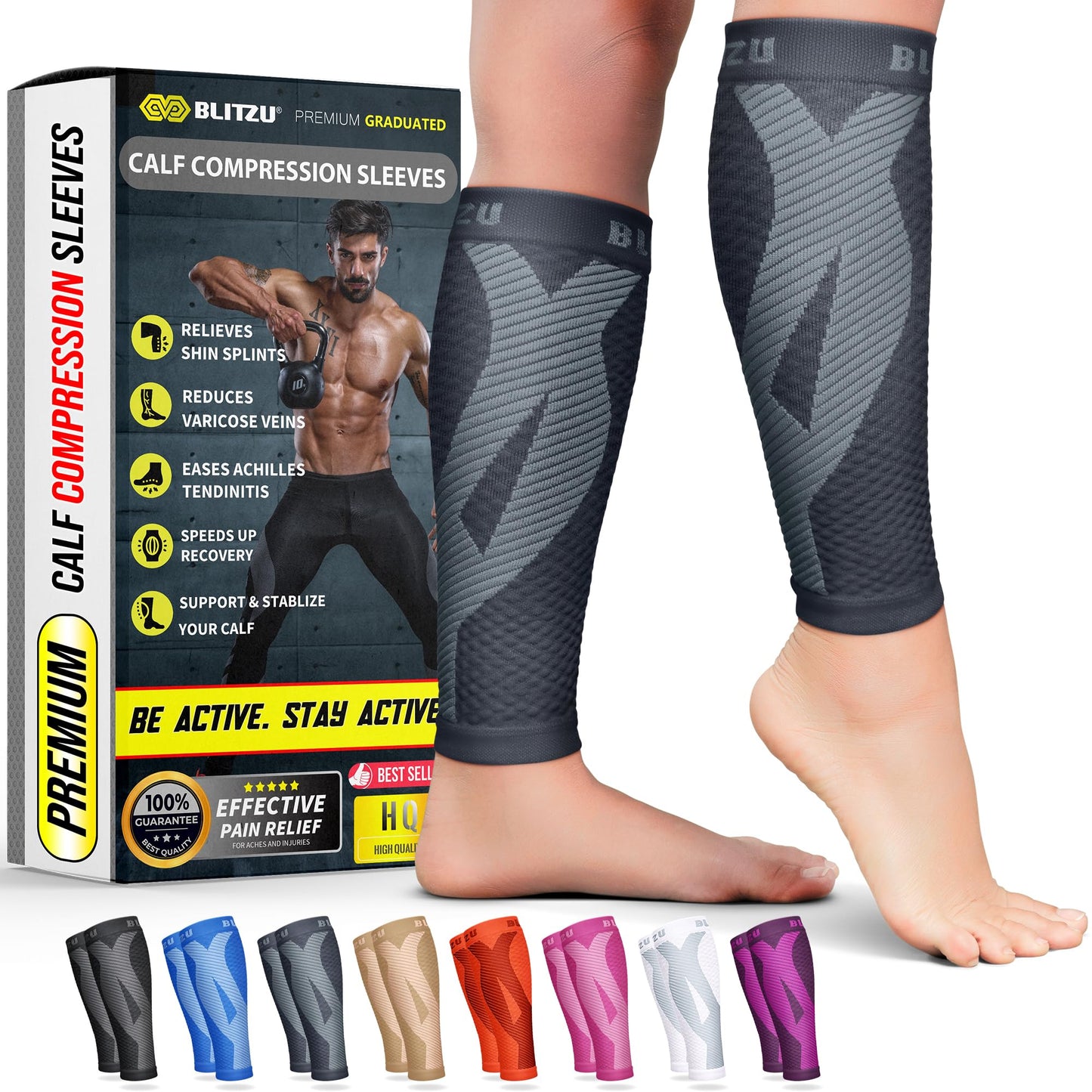 BLITZU Calf Compression Sleeve for Women and Men, Shin Splint Sleeves for Varicose Veins, Nursing, Pregnancy, Running, Footless Compression Socks Support for Calf Muscle Pain Relief Grey XXL