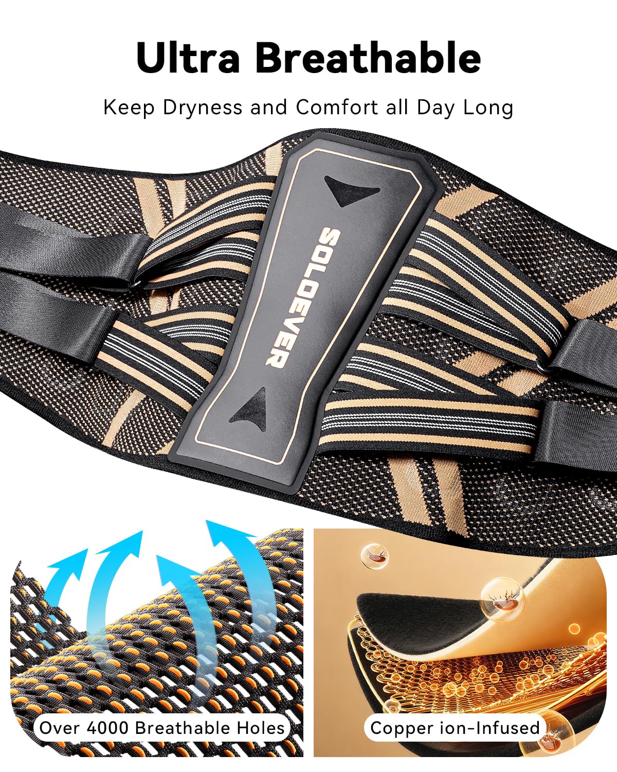 Skiennix Ultra Breathable Back Brace - Medical Grade Copper Infused Lumbar Support for Pain Relief | Adjustable Size for Men & Women (Large)