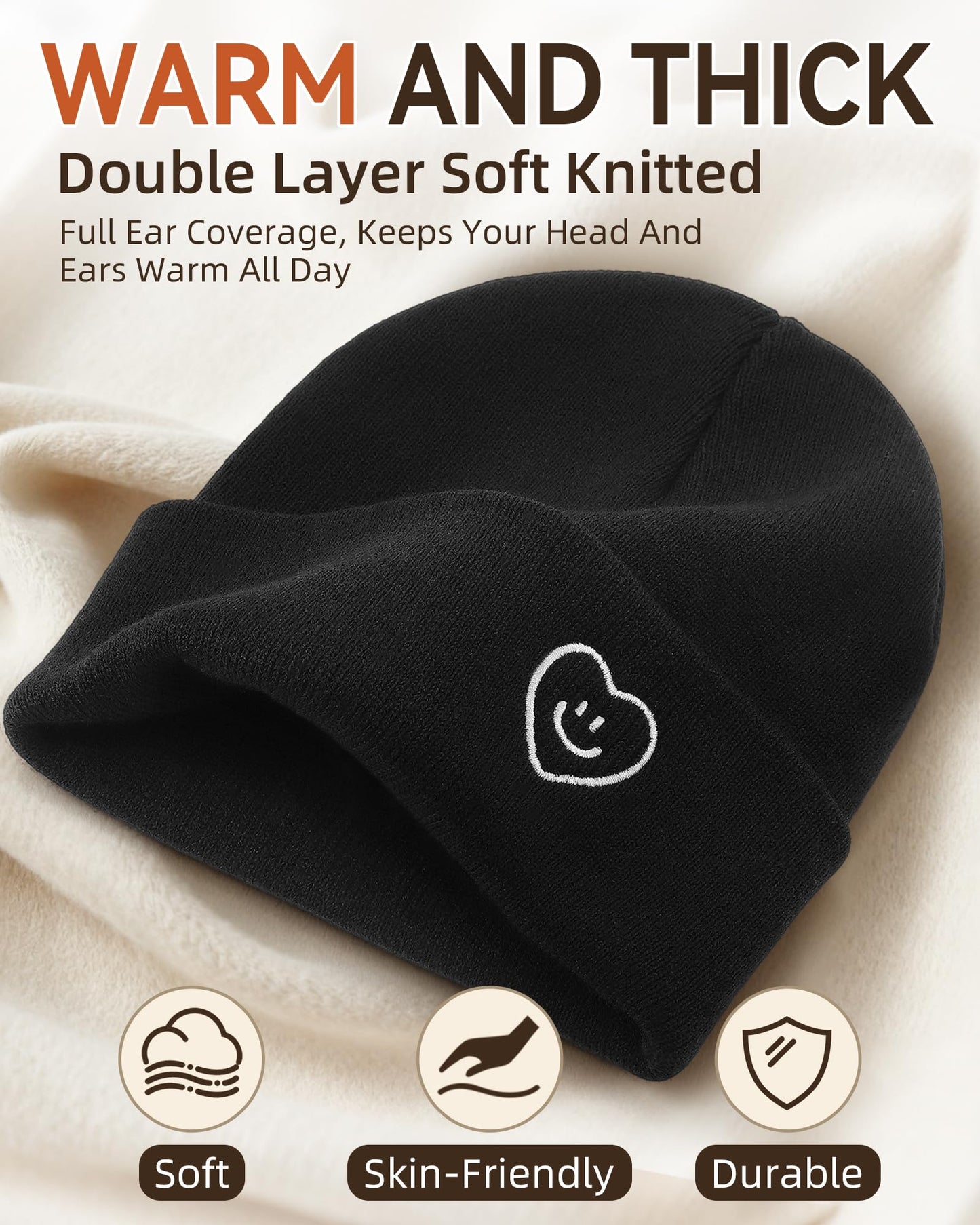 XMMAXFLOW Beanie for Women Men Winter Knit Hats Soft Warm Cuffed Beanie with Smile Face, Black