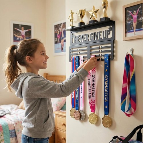 AGATHOS HOME Medal Hanger Display - Metal Trophy Shelf Holds 64+ Sports Medals | "Never Give Up" 16" Design