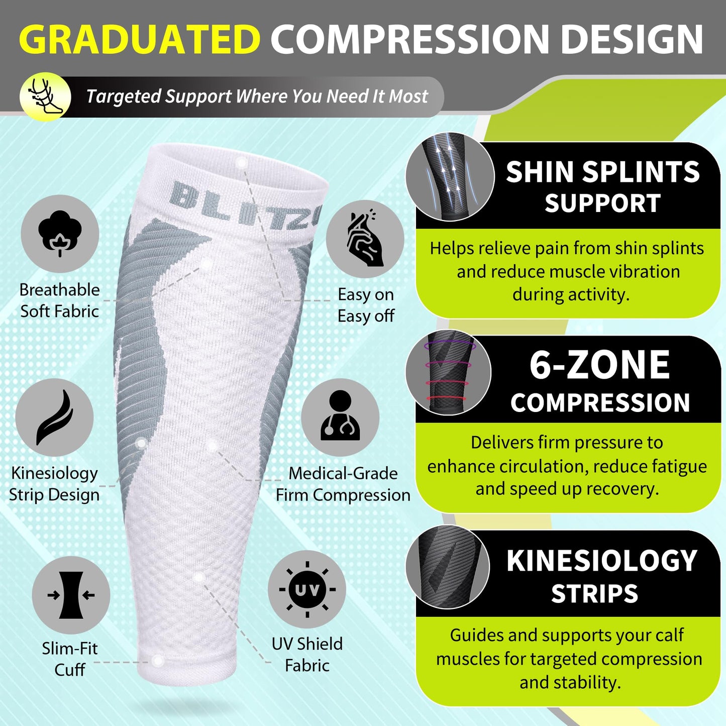 BLITZU Calf Compression Sleeves for Men and Women. Footless Compression Socks Support for Varicose Vein, Nursing, Running. Leg Sleeve Brace for Shin Splints, Pain Relief & Reduces Swelling White S-M