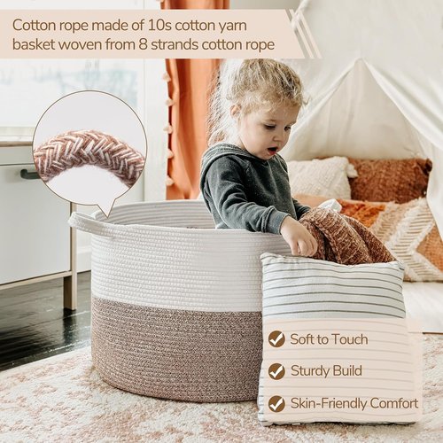 INDRESSME Storage Basket - XXXLarge Woven Cotton Rope Organizer with Handle | 21.7" x 21.7" x 13.8" for Toys and Pillows