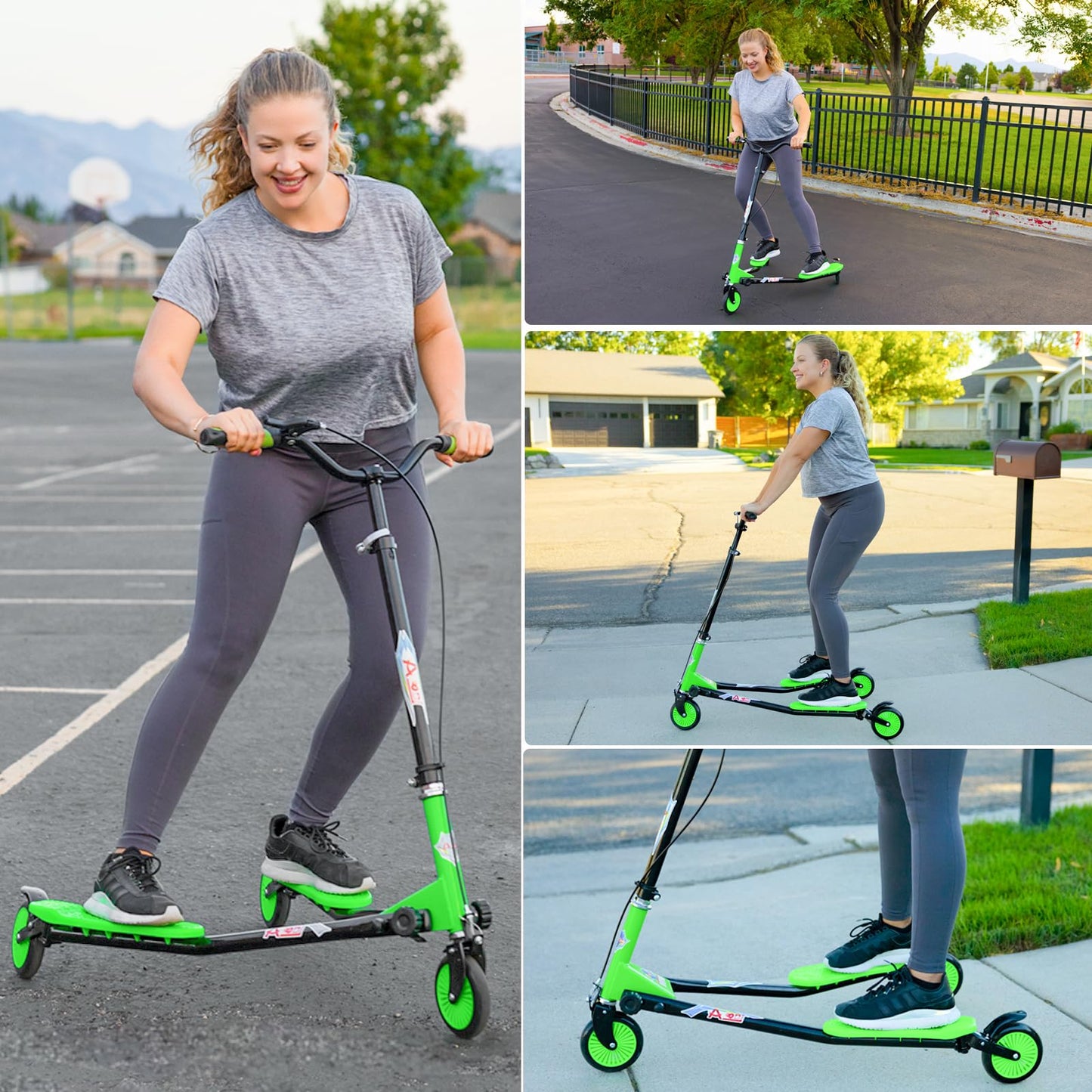 AODI Swing Wiggle Scooter, 3 Wheels Drifting Folding Kick Scooter with 4-Level Adjustable Height/Foldable for Kids/Woman/Men Age 6+ Years Old