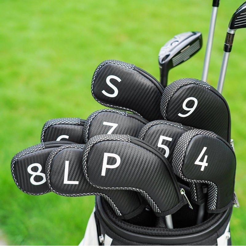 Craftsman Golf 10pcs/Set Golf Iron Club Head Covers Headcovers Set White Large No. on Both Sides Zipper Meshy & PU Leather for Right and Left Golfer