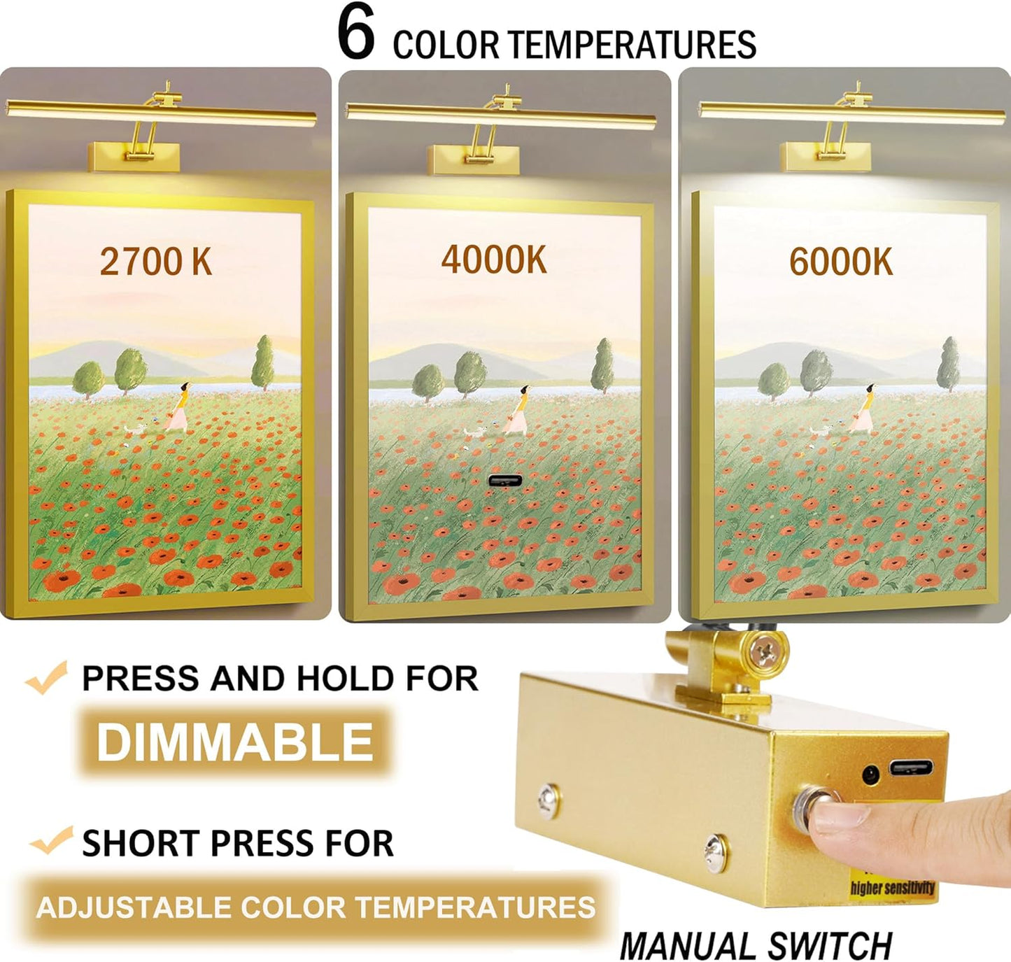 Wireless Battery Operated Picture Lights - 2 Pack, 16 Inch Dimmable Art Lighting with Remote, 6 Color Options - Perfect for Paintings and Gallery Displays