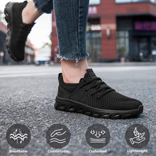 IQYNAM Running Shoes for Men Women Tennis Walking Slip on Unisex Slip-Resistant Work Shoes Breathable Athletic Workout Gym Black Sneakers Size Women 12/Men 11