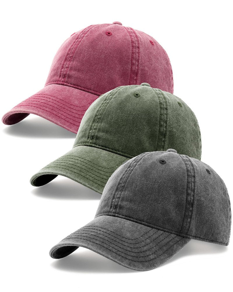 FURTALK 3 Packs Unisex Vintage Washed Cotton Distressed Baseball Cap Low Profile Adjustable Dad Hat, Black+Green+Wine Red, Size M