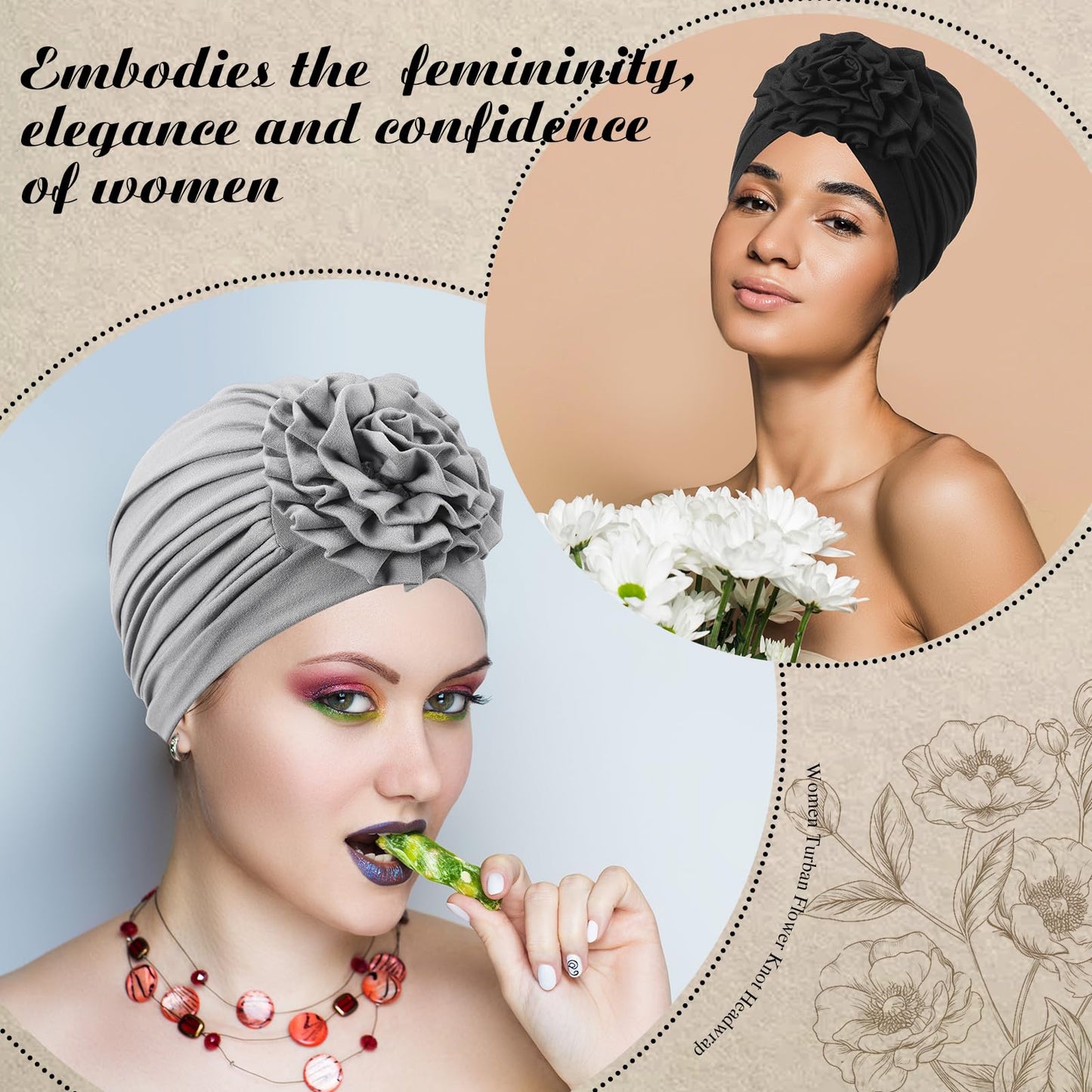 JenPen 4 Pcs Chemo Turban Headwear for Women Soft Cancer Headwear Flower Turban Elastic Head Wrap Cap for Women Cancer Patients Hair Loss