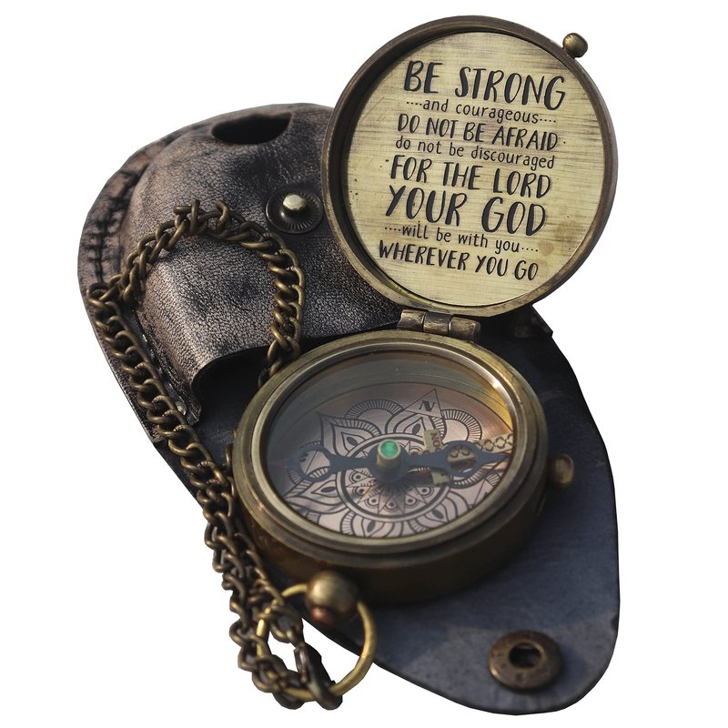 Be Strong and Courageous Joshua 1:9 Engraved Brass Compass with Leather Case | Working Compass, Marine Gift, Keepsake Gift, Birthday Gift, Corporate