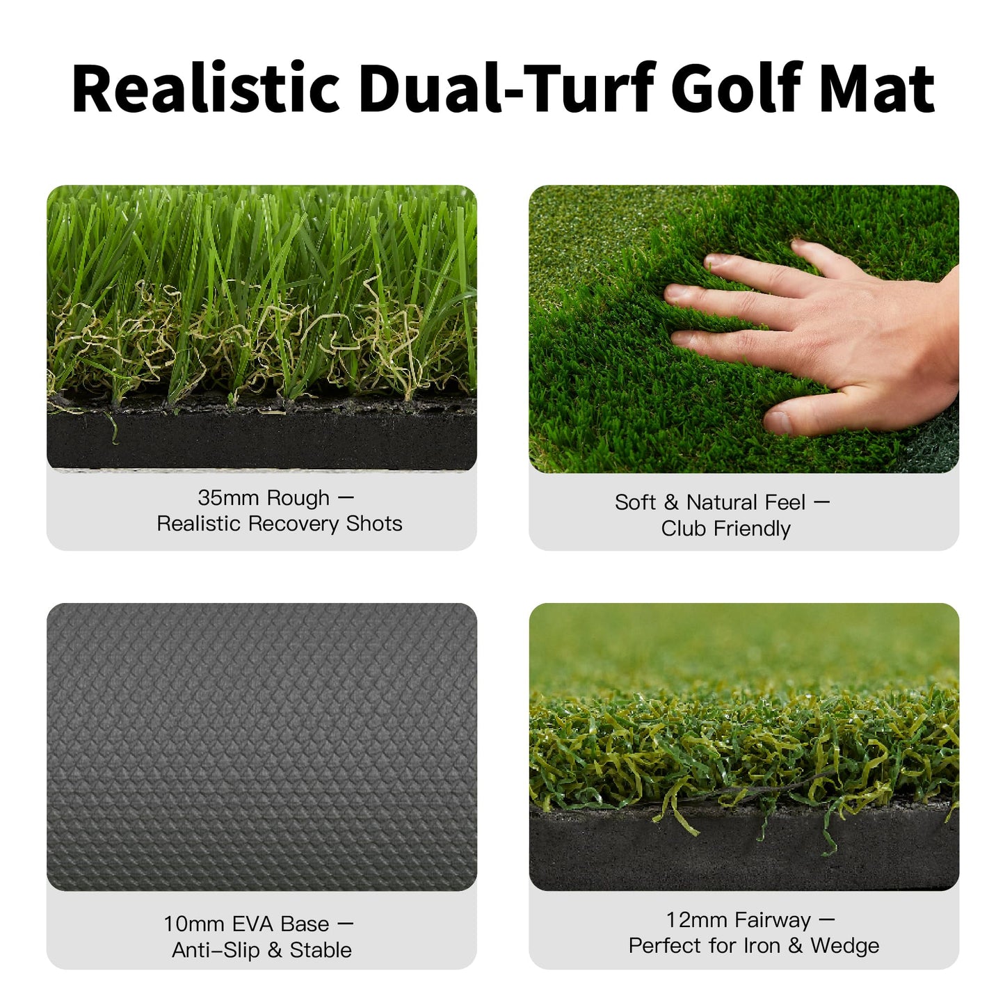 GSK Dual Turf Golf Hitting Mat 5x4FT with Ball Tray Holds 15-20 Balls Practice 45mm Thick Training Pad Driving Chipping Grass EVA Base Swing Rollable Portable Indoor Backyard Outdoor Simulator Use