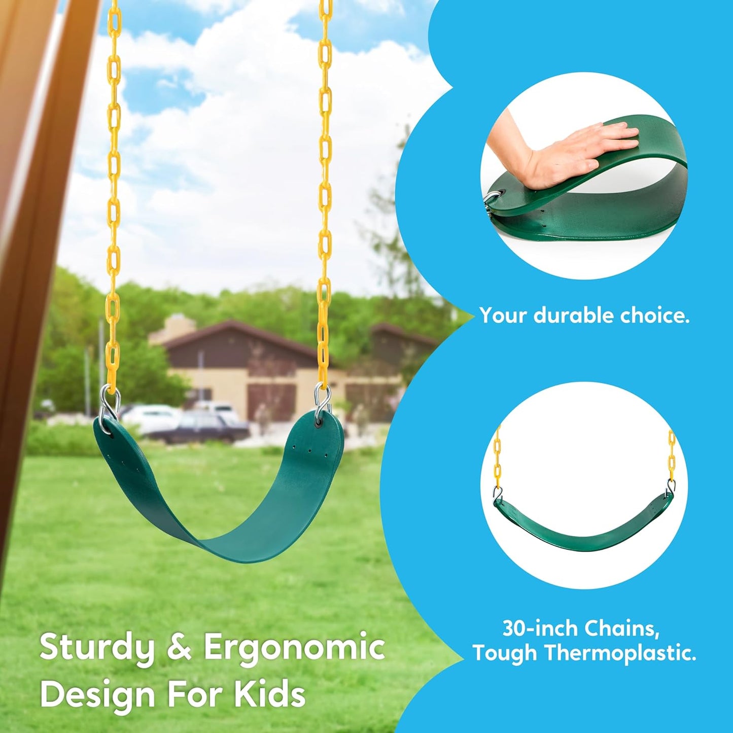 TURFEE Swing Set Accessories - 3 Pack with Gym Rings, Trapeze Bar & 2 Swings - Green Outdoor Play