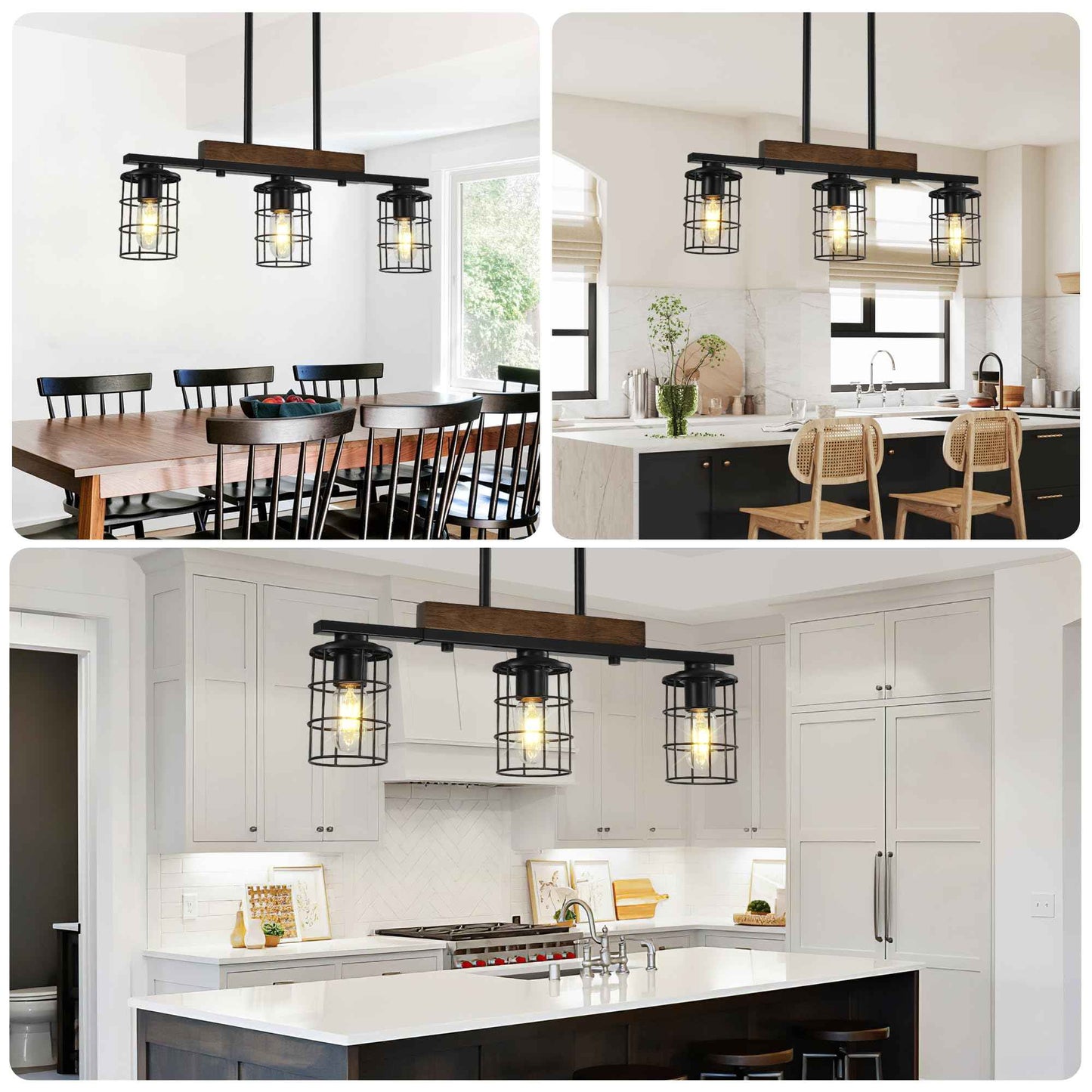 Dining Room Light Fixture/Chandelier Over Table, 23.3-Inch Hanging for Farmhouse Linear Chandeliers,3-Light Kitchen Island Lighting, Black Rustic Wooden Ceiling Chandelier,with Metal lampshade