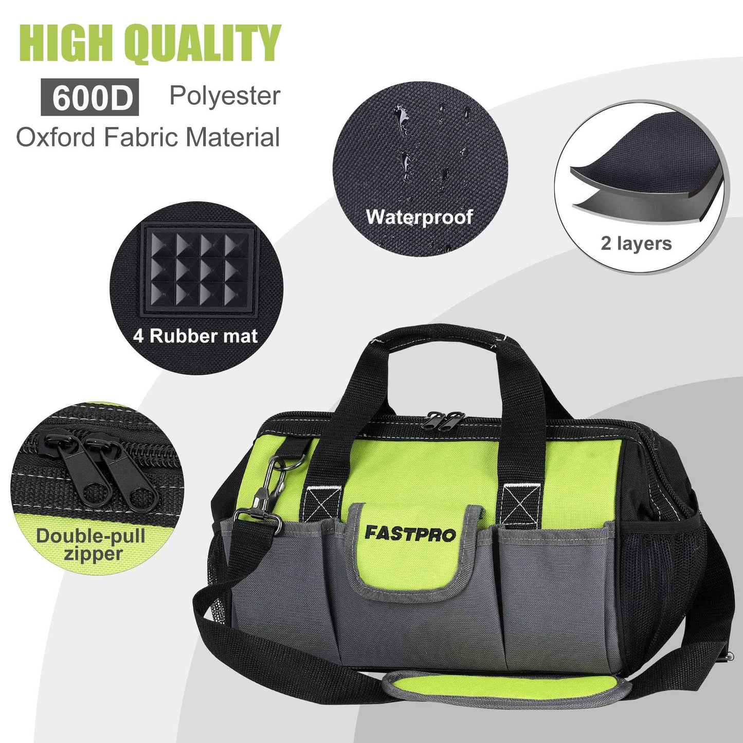 FASTPRO 13-inch Wide Mouth Tool Bag, Multi-pocket Tool Organizer with Adjustable Shoulder Strap