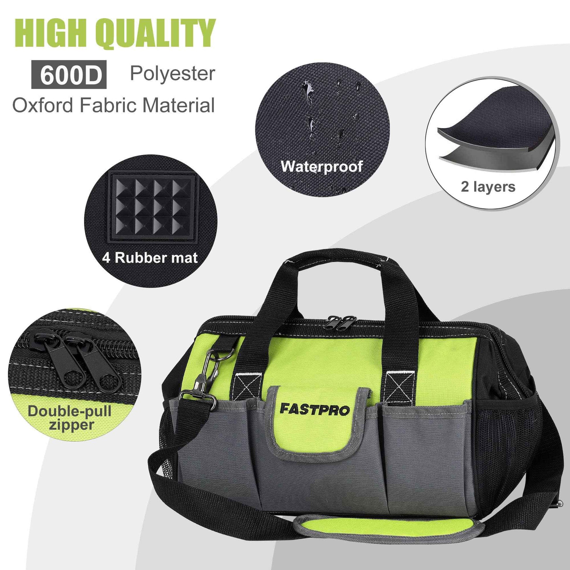 FASTPRO 13-inch Wide Mouth Tool Bag, Multi-pocket Tool Organizer with Adjustable Shoulder Strap