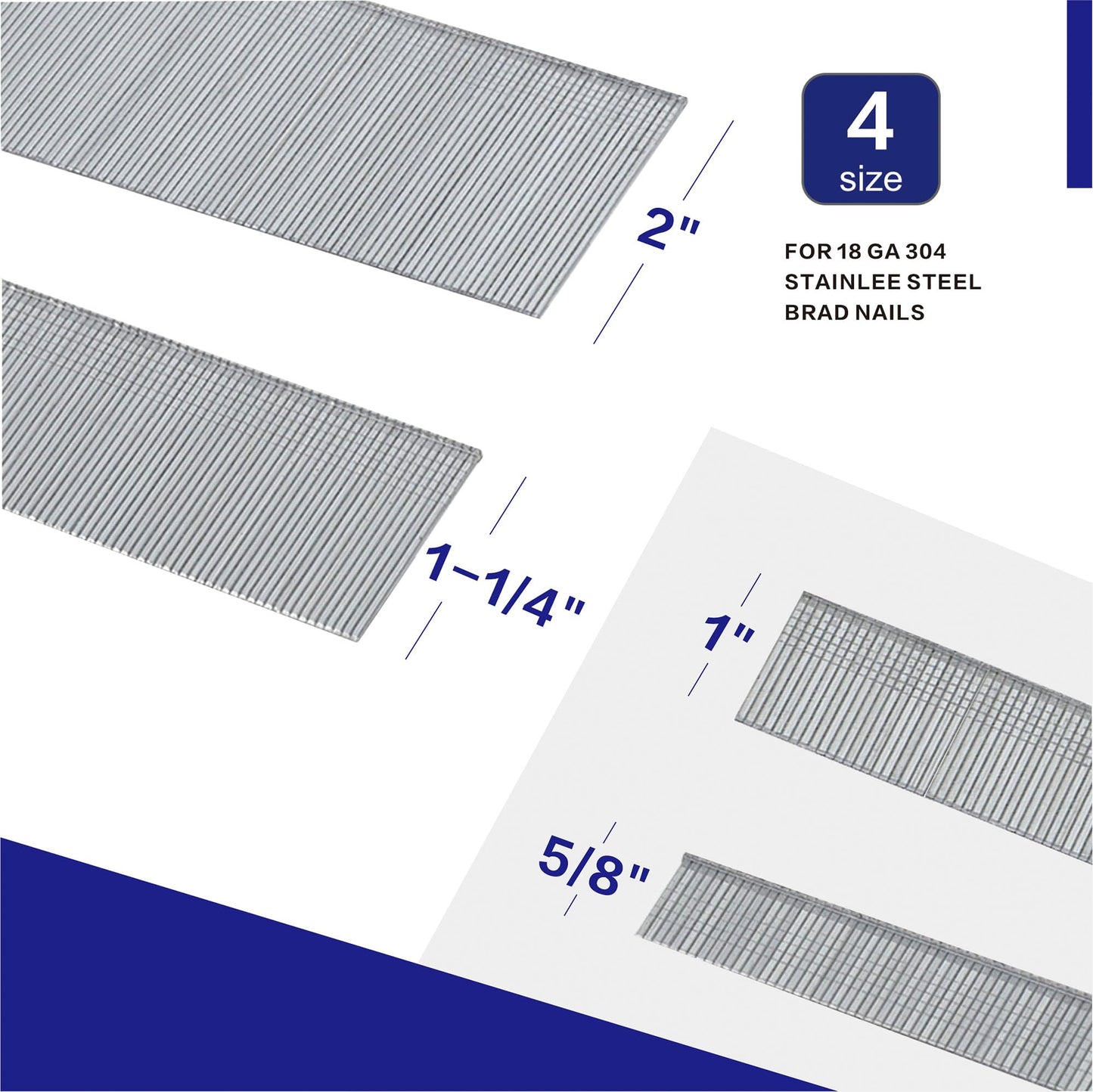 HW HAMWOO 18 Gauge 304 Stainless Steel Brad Nails,18 GA Nail Gun Nails Assorted, Suitable for Most Brand of 18 Gauge Pneumatic and Electric Brad Nailer(2",1-1/4",1",5/8")