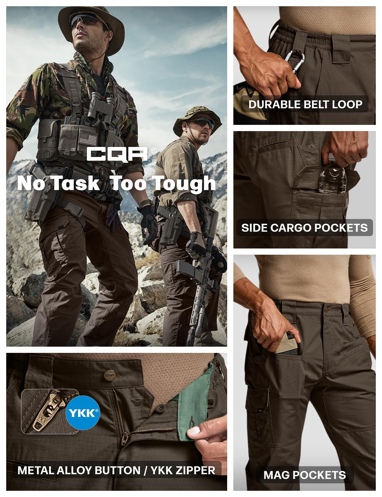 CQR Men's Tactical Pants, Water Resistant Ripstop Cargo Pants, Lightweight EDC Work Hiking Pants, Outdoor Apparel, Raider Dark Brown, 36W x 32L
