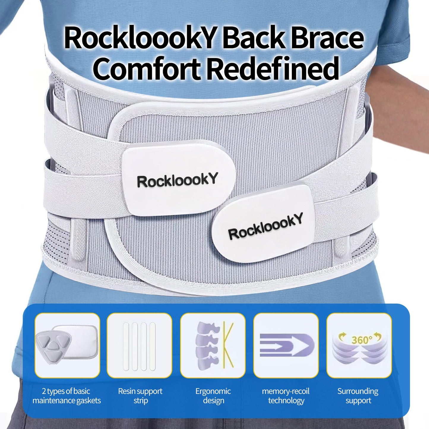 RockloookY Lower Back Brace for Women Men, Adjustable Lumbar Support with 3D Pad, Breathable Ergonomic Support Belt with Metal Stays for Work, Lifting, Drive, Grey,Size M,Waist 31"-38"