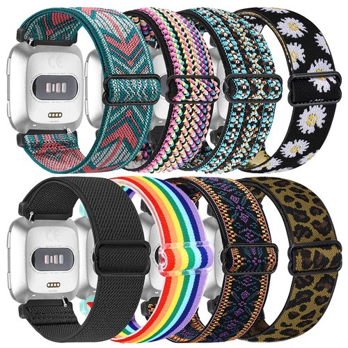 8 Pack Nylon Replacement Band Compatible with Fitbit Versa 2 / Lite / SE, Adjustable Stretchy Solo Loop Fabric Strap for Women Men