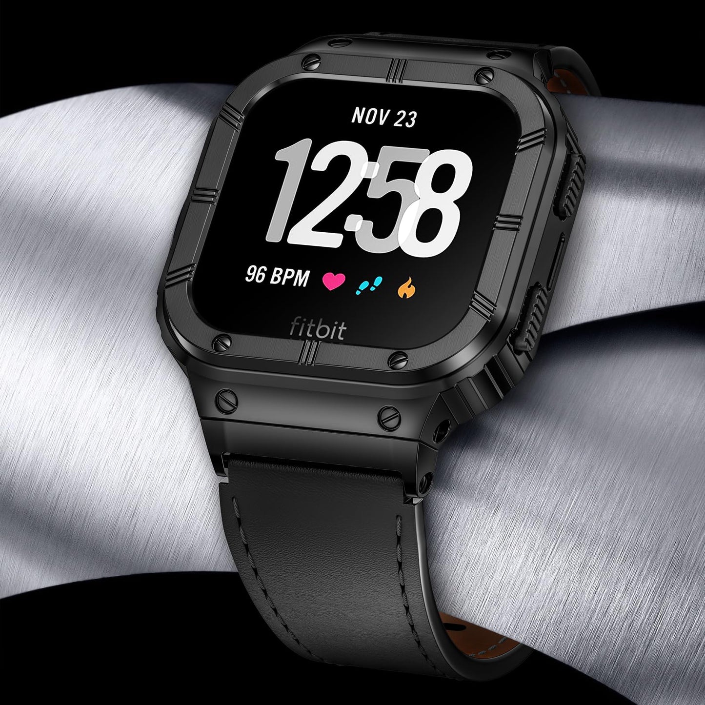 BAITEYOU Leather Bands with Stainless Steel Case Compatible with Fitbit Versa 1 2 3 4 Lite Sense 2 1 Protective case for men
