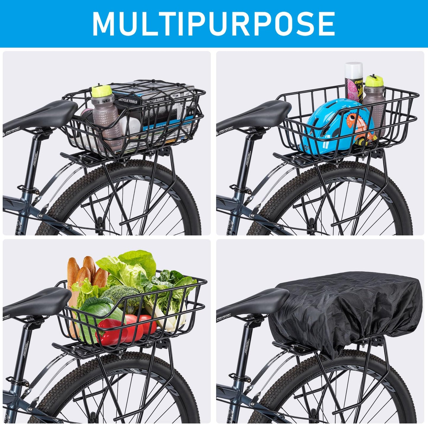 CXWXC Rear Bike Basket - Bicycle Rear Basket with Cargo Net and Waterproof Cover - Rear Mount Aluminium Bike Basket Large Capacity