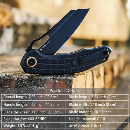 FORESAIL Folding Pocket Knife, 3.54" DC53 Steel Blade,4.65" G10 Handle, Liner Lock, Reversible Pocket Clip for Everyday Carry, Outdoor Activities. (Black PVD blade)