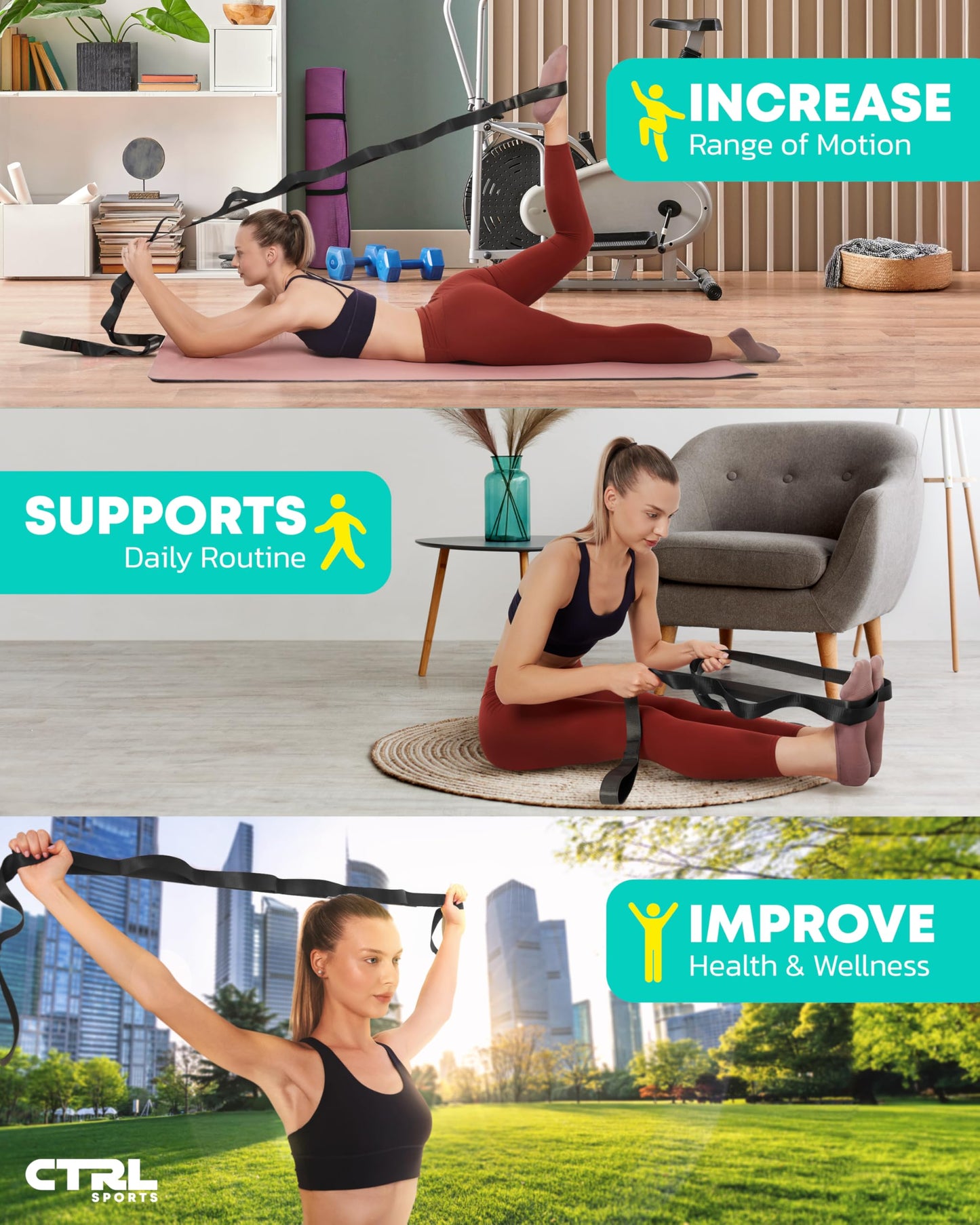 Stretching Strap Non Elastic Yoga Strap with Loops - Stretching Band for Physical Therapy, Stretch Bands for Exercise and Flexibility - Stretch Strap with 10 Loops, Hamstring & Leg Stretcher by CTRL Sports